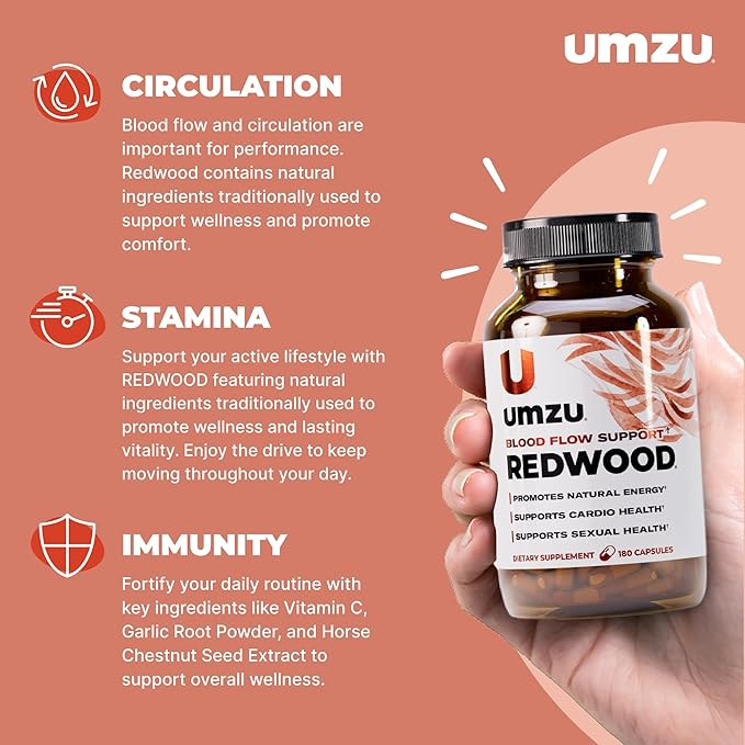 UMZU Redwood Nitric Oxide Booster, (30 Day Supply) – Vitamin C, Garlic & Horse Chestnut – Healthy Circulation & Endurance – Daily Cardiovascular Support Nitric Oxide Supplement Blood Flow Supplement