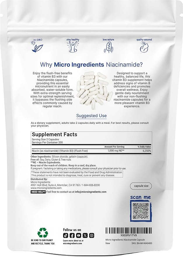 Vitamin B3 Niacinamide 500mg Per Capsule, 400 Capsules | 1,000mg Flush Free Niacin Per Serving, Essential B Vitamin Supplement | Non-GMO, Gluten Free
