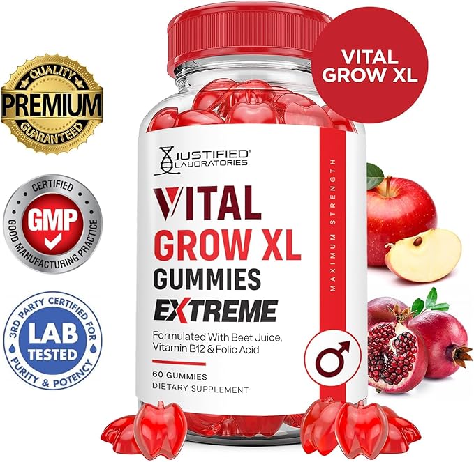 Justified Laboratories (3 Pack Vital Grow XL Extreme 2000MG Performance Gummies Advanced Formula Formulated with ACV Pomegranate Beet Juice Powder B12 Vegan Non GMO 180 Gummys