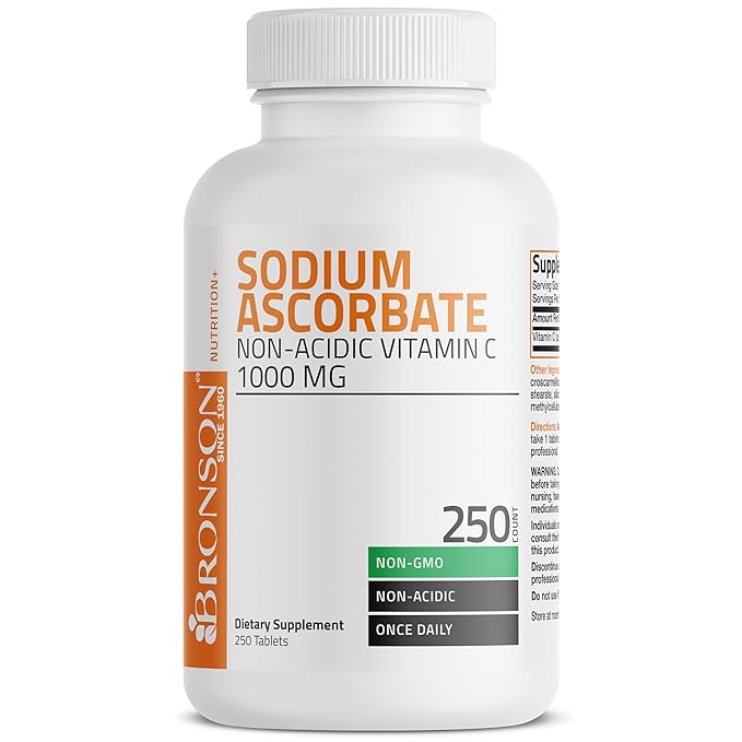 Bronson Sodium Ascorbate Non Acidic Vitamin C 1000 Mg Tablets - Gentle On The Stomach - Immune System Booster - Powerful Antioxidant - Non GMO Vitamin C Supplement, 250 Count