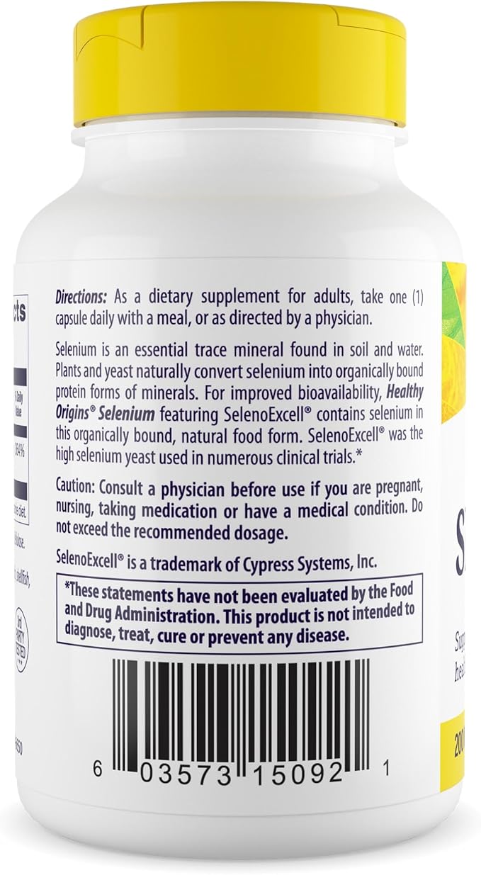 Healthy Origins Selenium 200 mcg, 180 Capsules - SelenoExcell High Bioavailability Organically Bound Fermented Selenium - Supports Immune System Function, Thyroid Health & Healthy Cellular Support