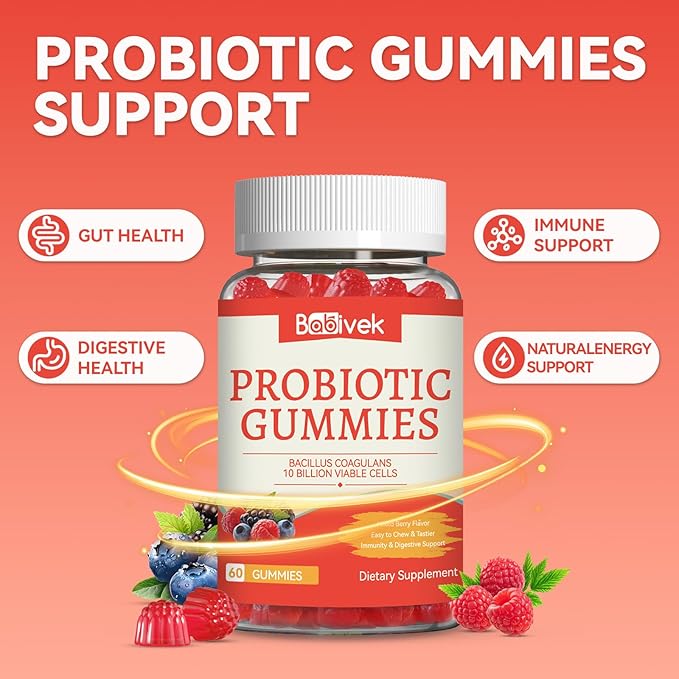 Probiotic Gummies 10 Billion CFU, Bacillus Coagulans for Digestive & Immune Support, Vegan, Non-GMO, Strawberry & Mixed Berry Flavor, 60 Count(Pack of 2)