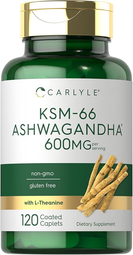 Carlyle KSM-66 Ashwagandha Root Extract 600mg | 120 Vegan Caplets | Supplement with L-Theanine | Non-GMO, Gluten Free