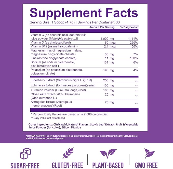 GOBIOTIX Vitamin C - Immune Defense Support Supplement - Immunity Powder Wellness Booster - Vegan Superfood - Elderberry, Turmeric, B12 Vitamin Supplement, Non-GMO and Sugar Free (Berry)