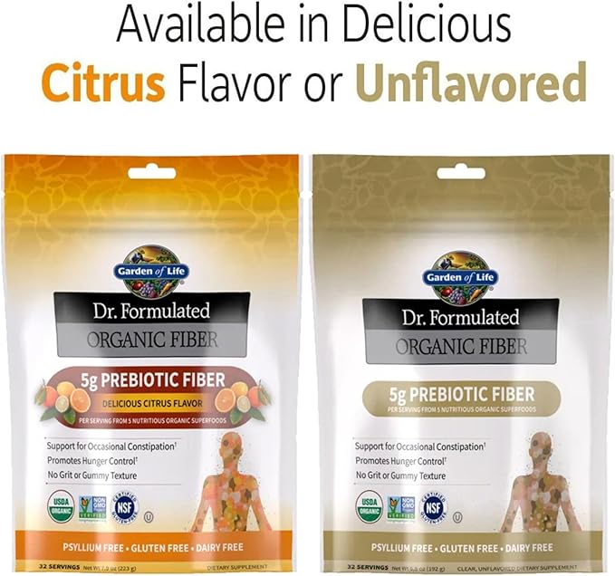 Garden of Life Dr. Formulated Organic Fiber Powder, Citrus Flavor, Prebiotic Superfood Fiber Supplement, Constipation Relief, Psyllium Free, 32 Servings