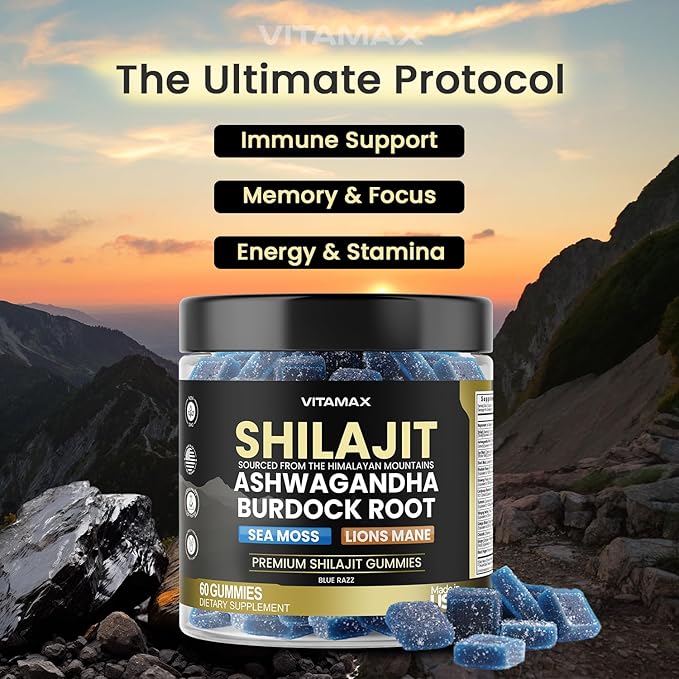 Pure Shilajit Gummies, Sea Moss, Ashwagandha, 105+ Trace Minerals – Organic Burdock Root & Lions Mane Mushroom - Blue Razz – Vegan & Non-GMO – Made in USA – 60ct