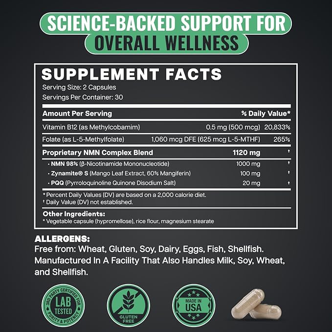 Benevolent Advanced NMN Supplement 1000mg (98% Purity) – 5-in-1 NMN Longevity Matrix with Zynamite® & PQQ for Increased NAD+ Levels, Cellular Energy, Cognitive & Healthy Aging – 60 Vegan Capsules