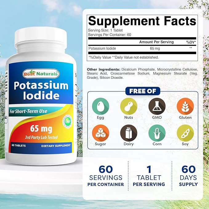 Best Naturals Potassium Iodide 65 mg - Dietary Supplement, 60 Tablets (60 Count (Pack of 1)) (6)