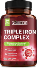 Iron Supplement for Women & Men, 3-in-1 65mg Iron Pills, Bisglycinate, Sulfate, Carbonyl Iron with Vitamin C, Enhanced Absorption, Energy, Red Blood Cell Support, Gentle, 60 Tablets