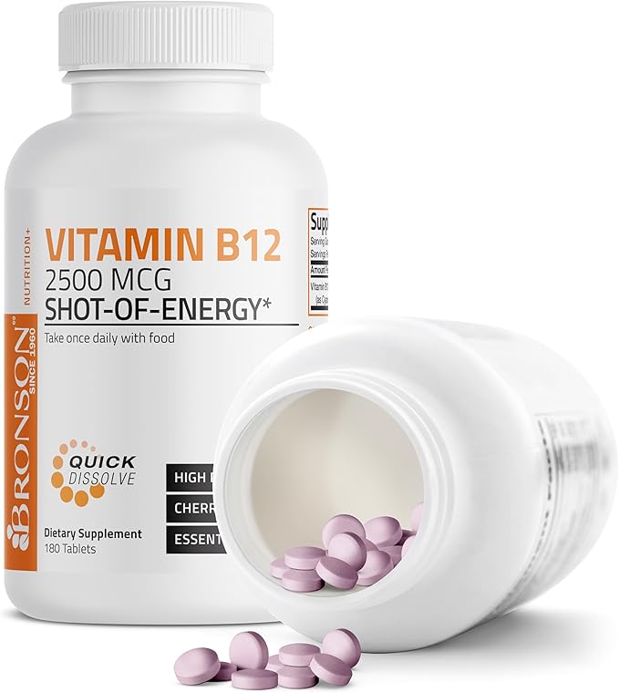 Vitamin B12 2500mcg Shot Of Energy Fast Dissolve Chewable Tablets - Quick Release Cherry Flavored Sublingual B12 Vitamin - Supports Nervous System, Healthy Brain Function Energy Production – 180 Count