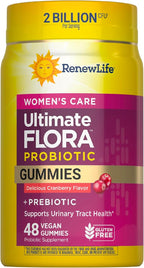 Renew Life Women's Care Cherry Prebiotic and Probiotic Gummies, Digestive, Urinary Tract and Immune Health, B. Coagulans and B. Subtilis, Dairy, Soy and gluten-free, 2 Billion CFU 48 Count