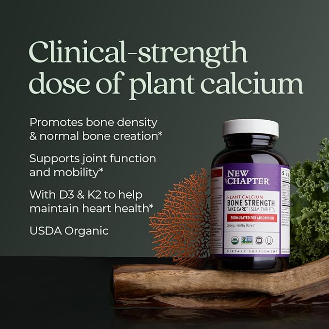 New Chapter Calcium Supplement - Bone Strength Plant-Based USDA Organic Calcium with Magnesium, Vitamin D3+K2, for Bone Health & Joint Mobility, Heart Support, 905 mg dose - 180 Slim Tablets