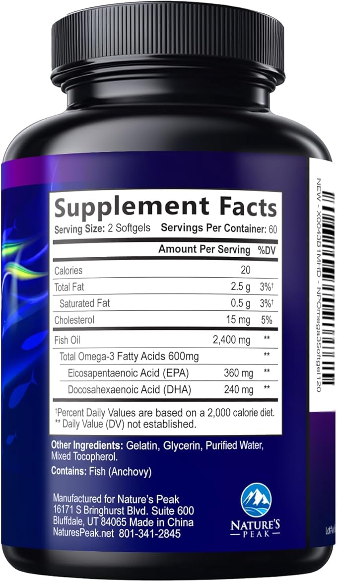 Omega 3 Fish Oil Supplements - 2400mg Fish Oil Per Serving - Triple Strength Omega-3 with Fatty Acids EPA & DHA - Natural Heart, Brain & Immune Support - Wild Caught, Bottled in USA - 120 Softgels