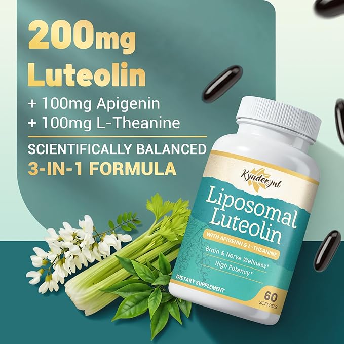 Liposomal Luteolin 200mg – Luteolin Supplement & Brain Supplement for Memory and Focus with Apigenin & L-Theanine – Non-GMO, Gluten-Free, 60 Softgels