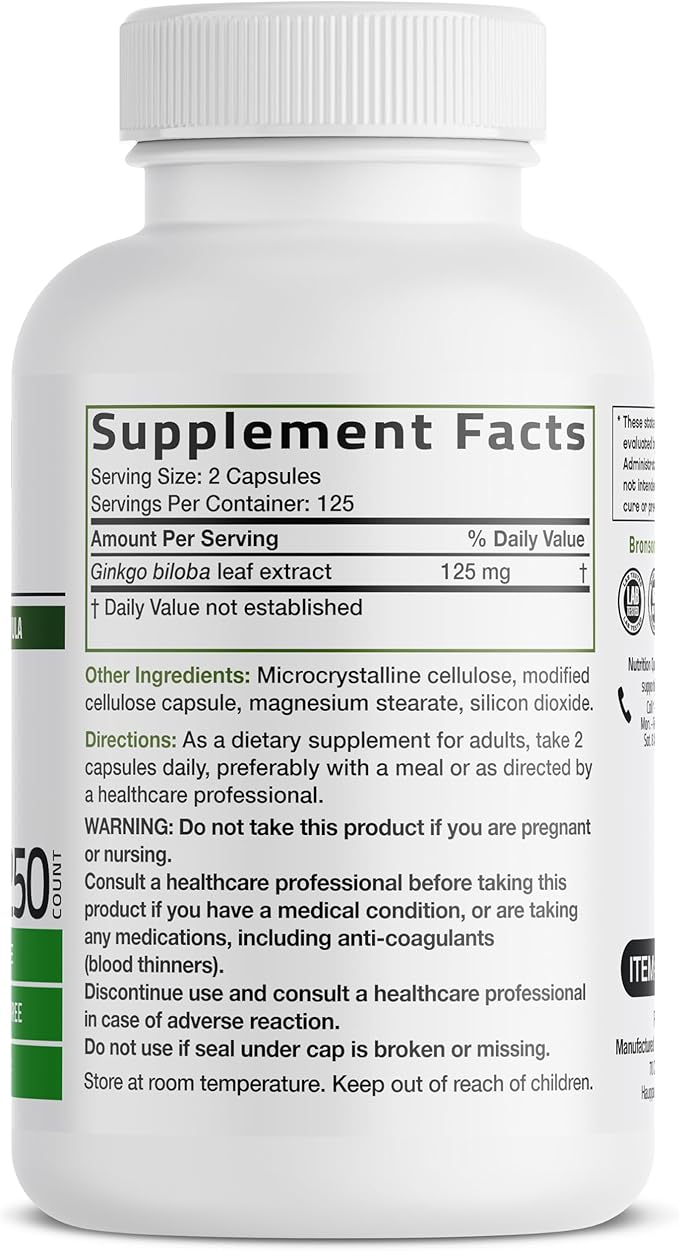 Bronson Ginkgo Biloba Extra Strength Supports Brain Function & Memory Support, 250 Vegetarian Capsules
