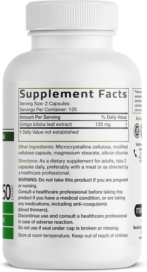 Bronson Ginkgo Biloba Extra Strength Supports Brain Function & Memory Support, 250 Vegetarian Capsules