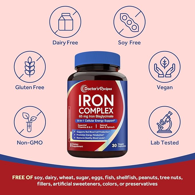 Doctor's Recipes Iron Supplement for Women, 65 mg Iron Bisglycinate, w/Vitamins C, B6, Folic Acid & B12, Beet Root & Spinach, Energy Production & Blood Health, Stomach Friendly, 30 Vegan Capsules