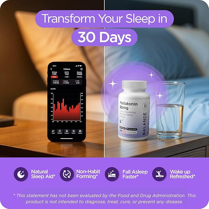 Balancebreens Melatonin 20mg Fast Dissolve Tablets - High Potency, Fast Acting, Natural Sleep Support - Sleep Aids for Adults - Non-Groggy, Drug-Free Formula - 120 Sleeping Pills