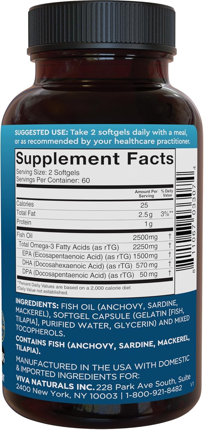 Viva Naturals Omega 3 Fish Oil Supplement for Women and Men - 2500 mg Triple Strength Fish Oil Pills with Re-Esterified Omega 3 Fatty Acids Including EPA, DHA DPA - 120 Pescatarian-Friendly Softgels