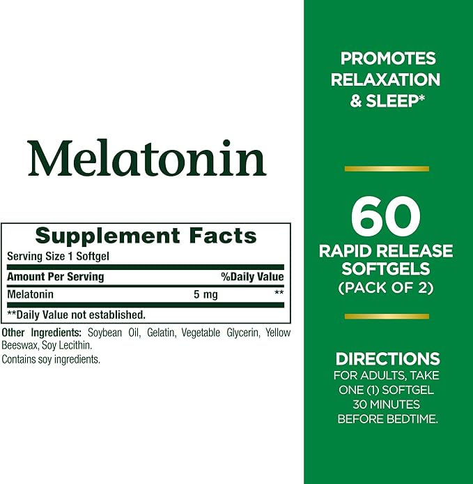 Nature's Bounty Melatonin 5mg, 100% Drug Free Sleep Aid, Dietary Supplement for Relaxation and Sleep Health - 4 Month Supply, 60 Rapid Release Softgels Twin Pack (120ct) (Pack of 2)