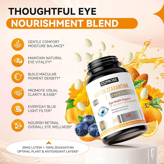 Eye Health Supplements for Macular Support, Lutein 20mg + Zeaxanthin 10mg with Bilberry, Vitamins C, E & Zinc, Macular & Vision Support for Adults & Seniors, Non-GMO, Gluten Free, 60 Softgels
