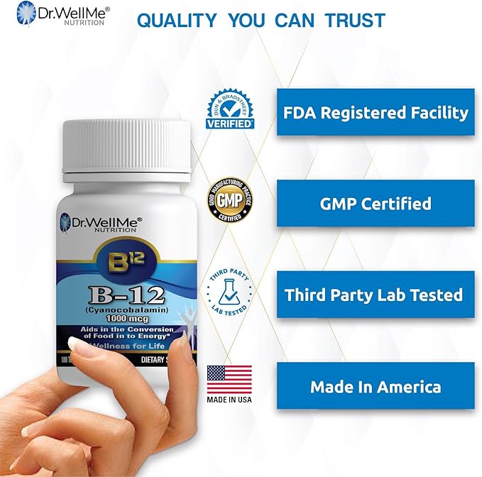Dr.WellMe B-12 1000 mcg Vitamin Tablets – 100 Tablets High-Potency Cyanocobalamin for Maintain Energy – Non-GMO, Vegan, Metabolism Health – GMP-Certified