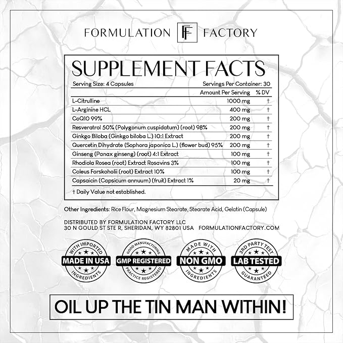 Formulation Factory Heart of Steel: 10-in-1 Metabolic Maximizer Nitric Oxide Supplement, Blood Pressure Support, L Arginine, L Citrulline Natural Pre-Workout: Energy Management 240 Count (2 Pack)
