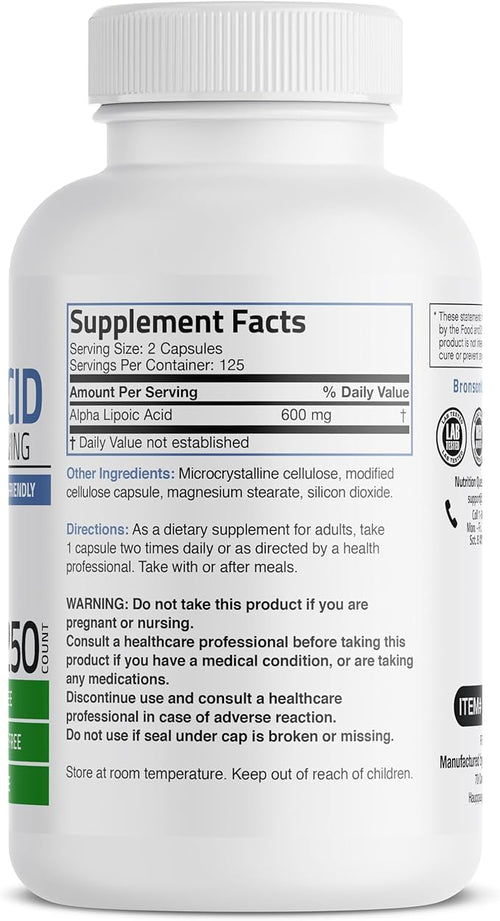 Bronson Alpha Lipoic Acid 600 MG Free Radical Scavenger Supports Antioxidant Health - Non-GMO, 250 Vegetarian Capsules (125 Servings)