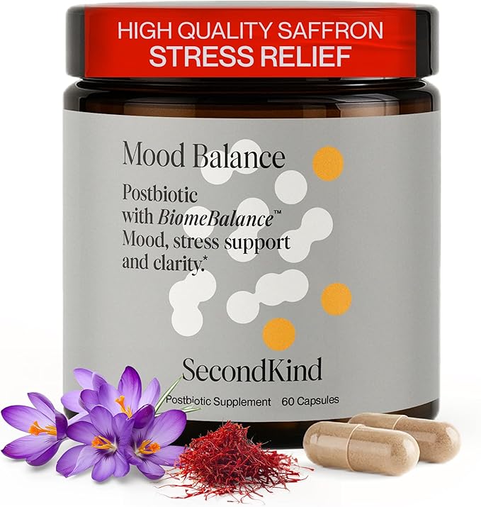 SecondKind Anxiety & Stress Relief Supplement – Saffron & Postbiotic Supplement for Emotional Support – 1000x More Active Ingredients Than Probiotics. Made with BiomeBalance™ in the USA, 60 Capsules