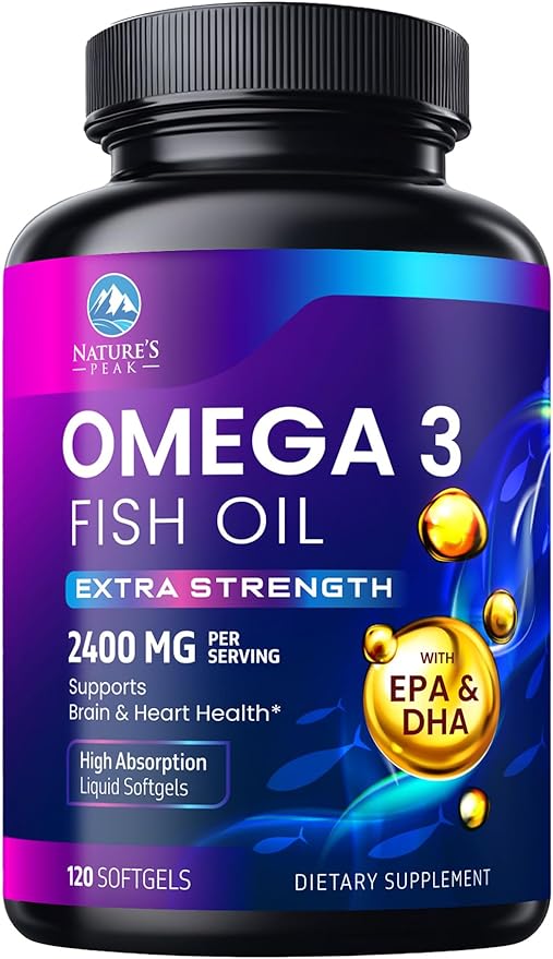 Omega 3 Fish Oil Supplements - 2400mg Fish Oil Per Serving - Triple Strength Omega-3 with Fatty Acids EPA & DHA - Natural Heart, Brain & Immune Support - Wild Caught, Bottled in USA - 120 Softgels