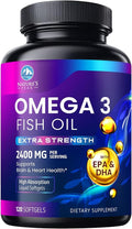 Omega 3 Fish Oil Supplements - 2400mg Fish Oil Per Serving - Triple Strength Omega-3 with Fatty Acids EPA & DHA - Natural Heart, Brain & Immune Support - Wild Caught, Bottled in USA - 120 Softgels