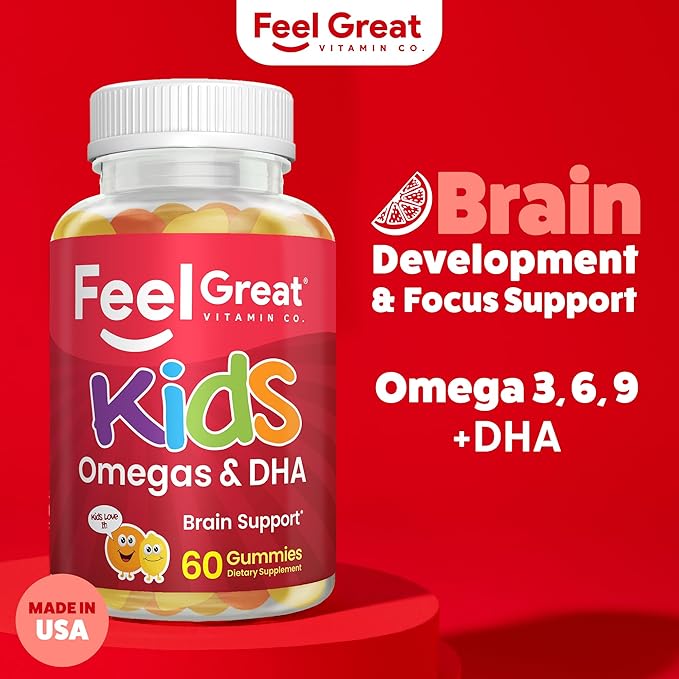 Feel Great Vitamins Kids DHA Gummies with Omega 3 6 9, Vitamin C (2-Pack) | Supports Healthy Brain Function, Vision & Heart Health | Gluten Free, Vegetarian | 60 Gummies