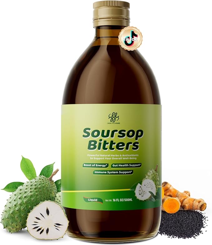 Soursop Bitters Liquid for Digestive Health,Gut Detox&Cleanse,Antioxidant,Immune Support,Skin Health-Pure 15 Herb Guanabana Tea with Black Seed,Moringa & Turmeric,98% High Absorption,Non-GMO 16 fl oz