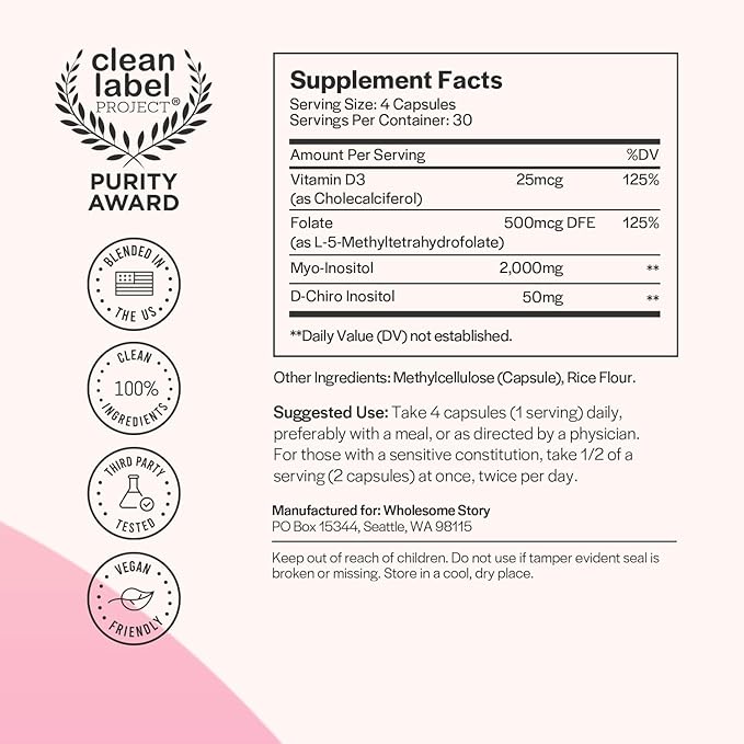 Myo-Inositol & D-Chiro Inositol Capsules with MTHF, Folate, Vitamin D| Support for Ovarian Function, Hormone Balance, & Homocysteine Levels | Fertility Supplements for Women | 40:1 Ratio