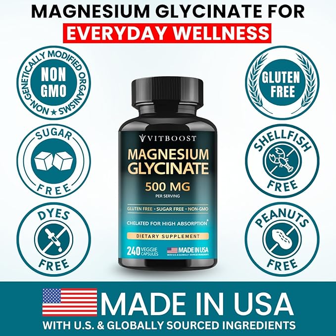 Magnesium Glycinate 500mg Chelate Capsules – 240 Count – 90mg Elemental Magnesium Per Serving – High Absorption Supplement – Non-GMO, Gluten Free – Made in USA