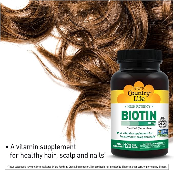 Country Life High-Potency Biotin 10mg - Vegan & Gluten-Free Biotin Supplement for Skin & Nails, Energy Metabolism - Biotin 10000mcg Capsules