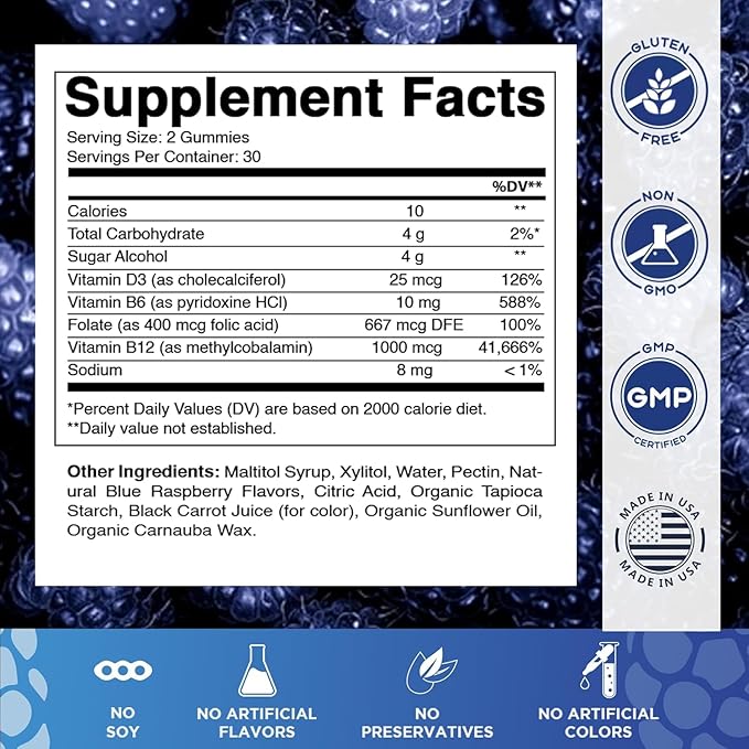 Vitamatic Vitamin D3 + B12 Gummies Made with Folate & Vitamin B6 - Natural Blue Raspberry Flavor – 60 Gummies – Made in the USA