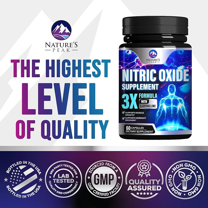 Extra Strength Nitric Oxide Booster - 3X Strength L-Arginine, Citrulline, & Beta Alanine - Premium Nitric Booster Natural Energy, Muscle & Heart Support, Bottled in USA for Men & Women - 60 Capsules