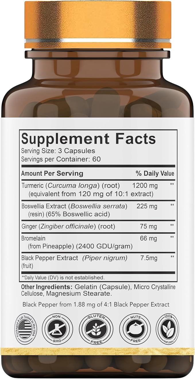tnvitamins Turmeric & Boswellia Complex (180 Capsules) with Ginger Root, Bromelain, & Black Pepper Extract | Joint-Ease Formula: Powerful Joint Support Supplement* | Produced in The USA