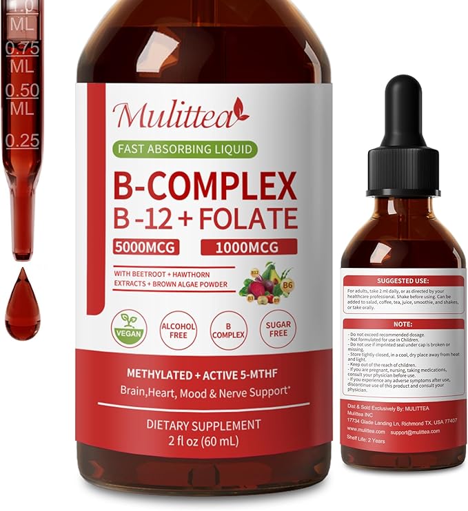 Methylated B Complex - 5000 mcg Methylcobalamin B12 & 5-MTHF Folate 1000 mcg - Vitamin B Complex Liquid Drops with B3, B6, Beetroot, Hawthorn - Energy, Focus, Heart & Brain, Sugar-Free, 2 Fl Oz
