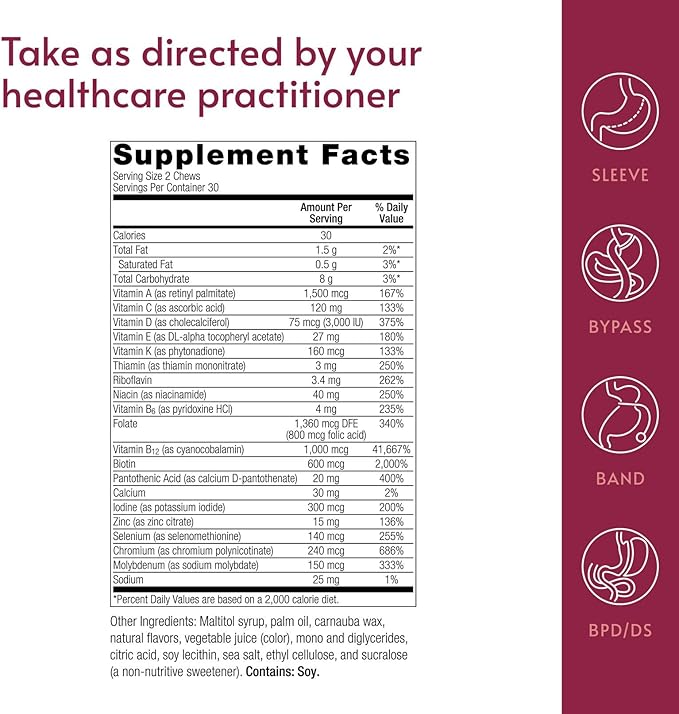 Bariatric Advantage Multi Chewy Bite - Soft Chew Multivitamin for Bariatric Surgery Patients - Chewable Multivitamin with Folic Acid, Vitamin D3 & More - Tropical Orange Flavor - 60 Count