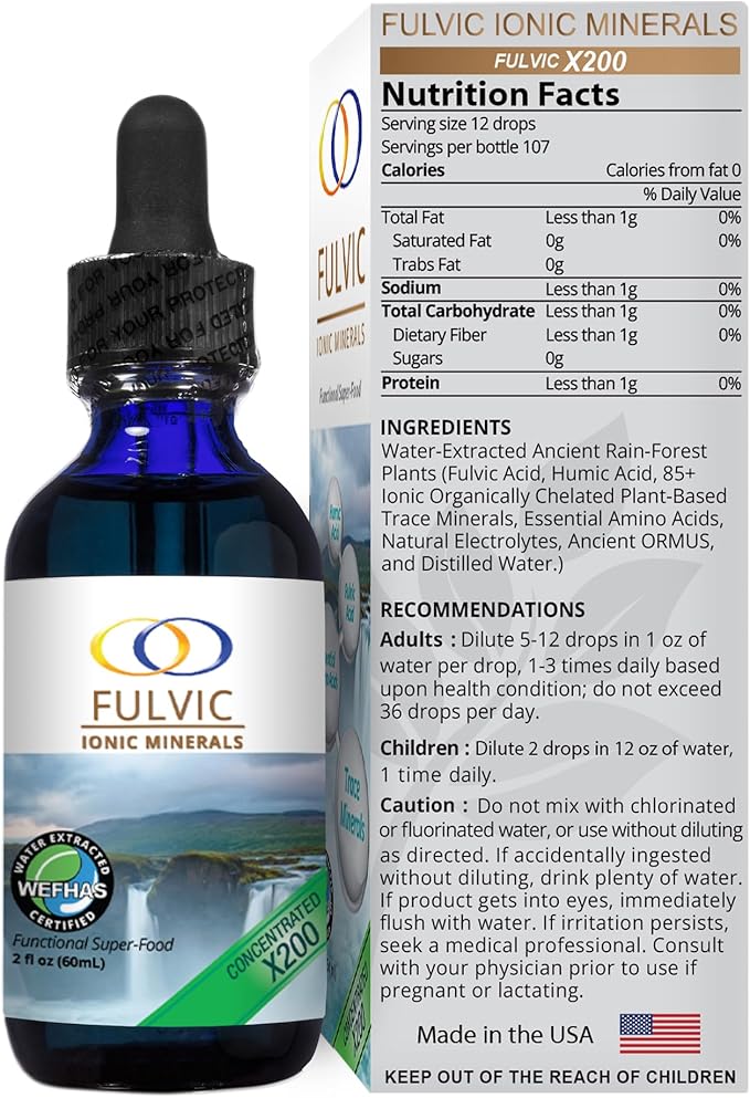 Optimally Organic Water Extracted Fulvic Ionic Minerals X200 - Patented BioActive Fulvic Acid, Humic Acid, Trace Minerals, Electrolytes & Essential Amino Acids - 5+ Month Supply