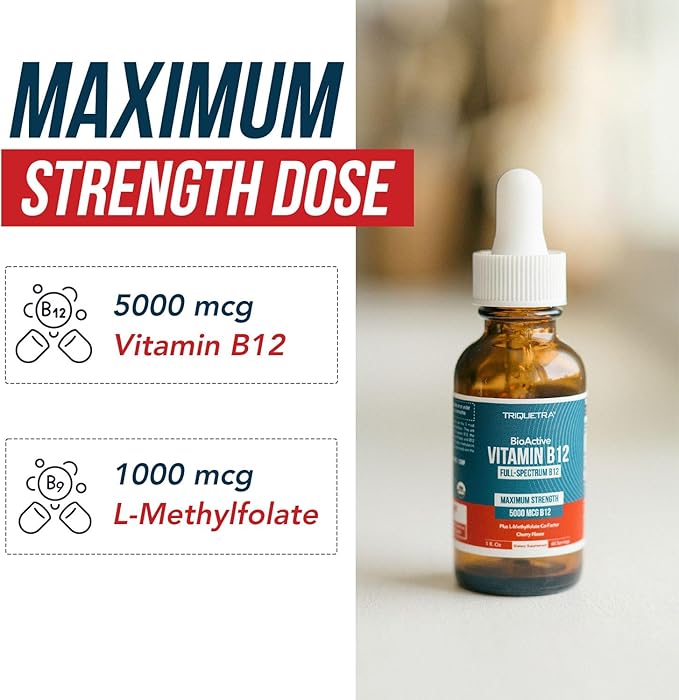 BioActive Vitamin B12 5000 mcg | 3 BioActive Forms Plus Methylfolate Cofactor - Methylcobalamin, Adenosyl & Hydroxy | Sublingual Liquid Drops, Berry Flavor, Organic, Non-GMO, Vegan (1 oz)