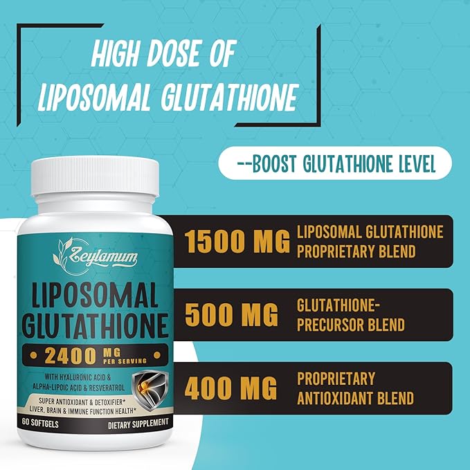 2400 MG Liposomal Glutathione Softgels, Max Absorption, Active Form L-Glutathione Reduced (GSH), with Hyaluronic Acid, Resveratrol, Master Antioxidants for Brain, Immune System, 60 Softgels