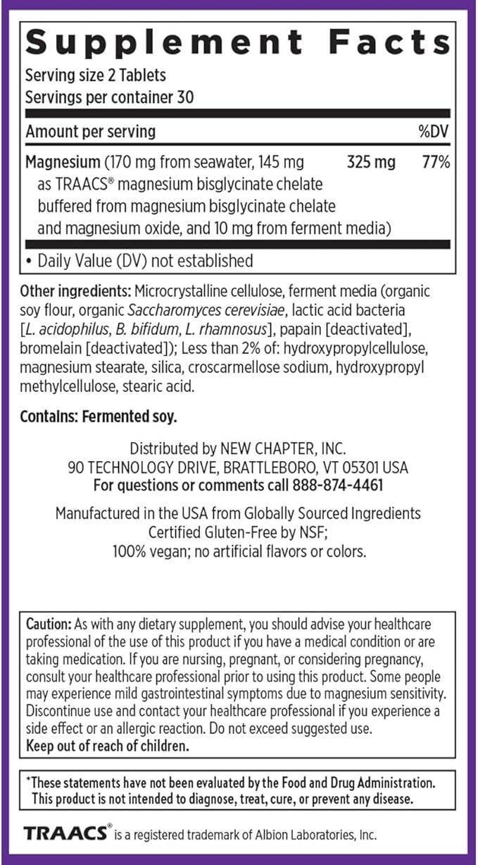 New Chapter Magnesium Complex Supplement, 325mg with Magnesium Glycinate + Sea-Sourced + Fermented Forms for Heart, Bone, Nerve, Muscle & Cellular Energy, 100% Vegan, 60 Tablets