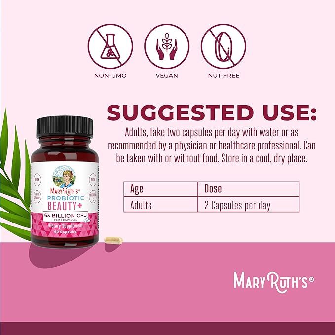 MaryRuth Organics Probiotic Beauty Capsules | Vegan Collagen Support | Anti Aging | Gut Health | Hair Skin and Nails Vitamins | Skin Care | Biotin | Non-GMO Project Verified | 60 Count (Pack of 2)