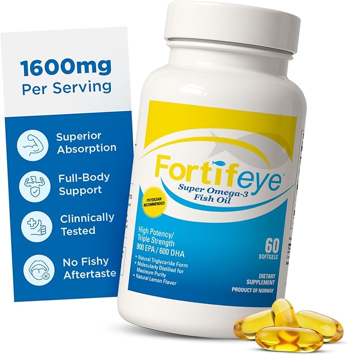 Fortifeye Omega 3 Fish Oil 60Count 1600mg Made in Norway - High Potency rTG Form Supplement with EPA and DHA, Triple Strength Fish Oil Softgels for Men Women, No Fishy Aftertaste, Natural Lemon Flavor