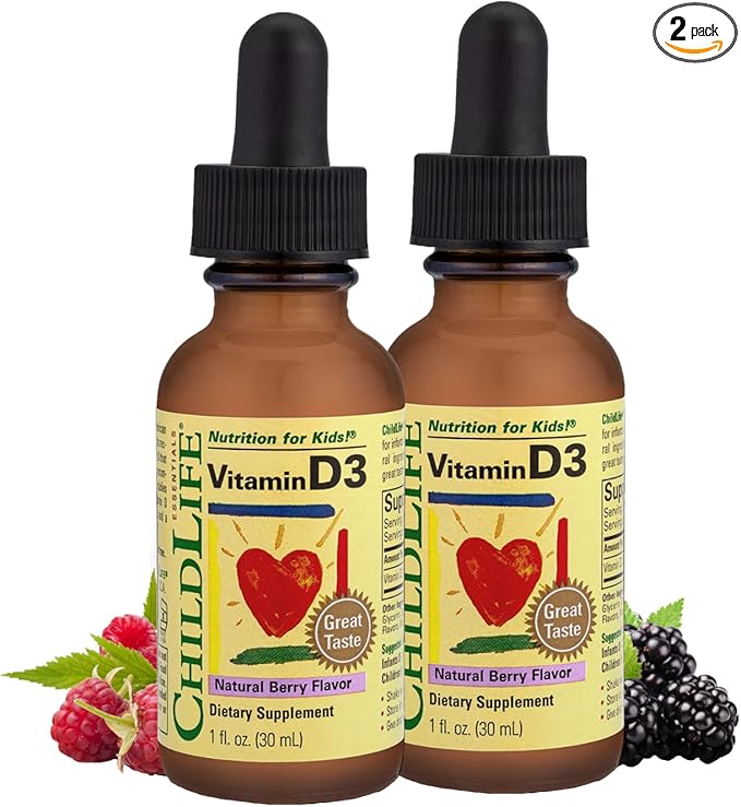 CHILDLIFE Essentials Vitamin D3 Drops for Kids, Children, & Toddlers - Liquid Vitamin D Drops, 500 IU per Drop, Immune & Bone Health Support, Natural Berry - 1 Fl Oz (Pack of 2)