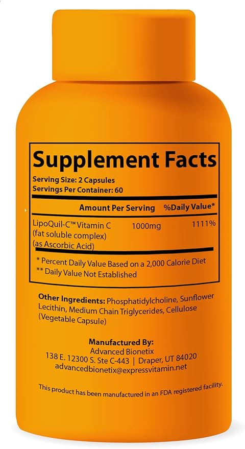 Liposomal Vitamin C Supplement | LipoQuil-C™ Enhanced Absorption Technology | 120 Capsules 1000mg High Dose Fat Soluble Vita C | Immune Support Collagen Support