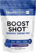 TransformHQ Boost Shot Powder Drink Stick Packets, Blue Raspberry, 7 Pack, Energy Supplements for Women & Men, with Caffeine, Vitamin B12, B9, B6 & B3